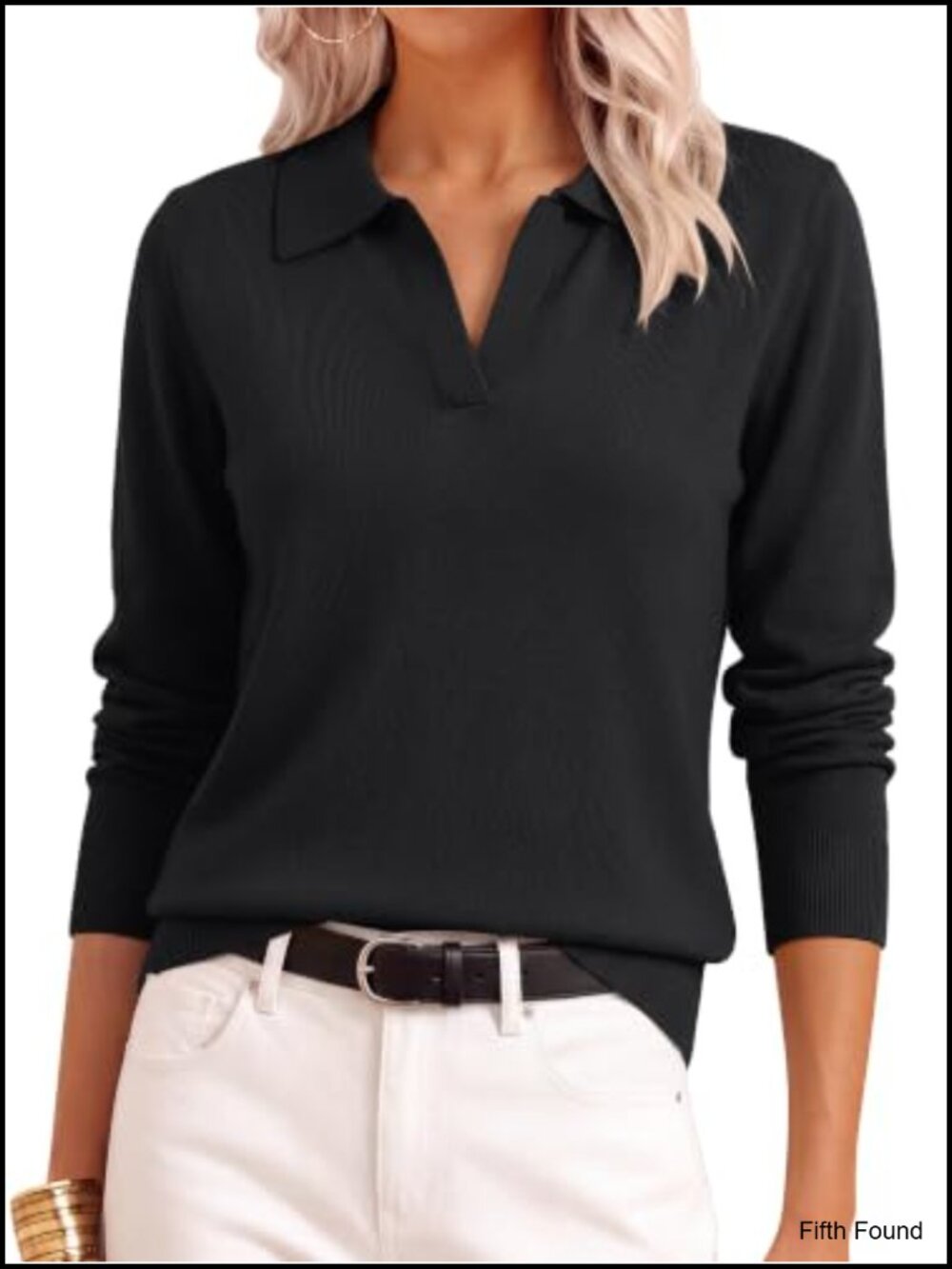 Womens V-Neck Polo Sweater Long Sleeve Knit Pullover Loose Fit